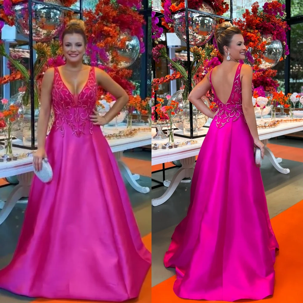 Satin Beading Draped Pleat Homecoming A-line V-Neck Bespoke Occasion Gown Long Dresses