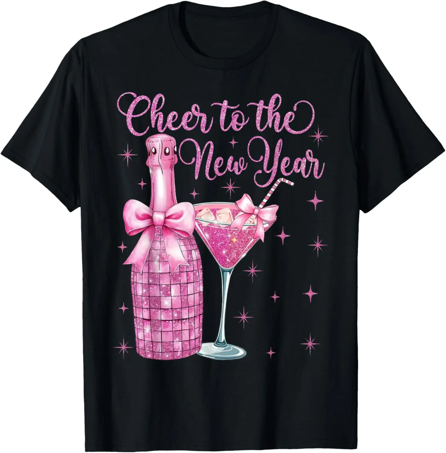 Cheer to the New Year Pink Glitter Champagne Martini Graphic Tee Casual Cotton T-Shirt