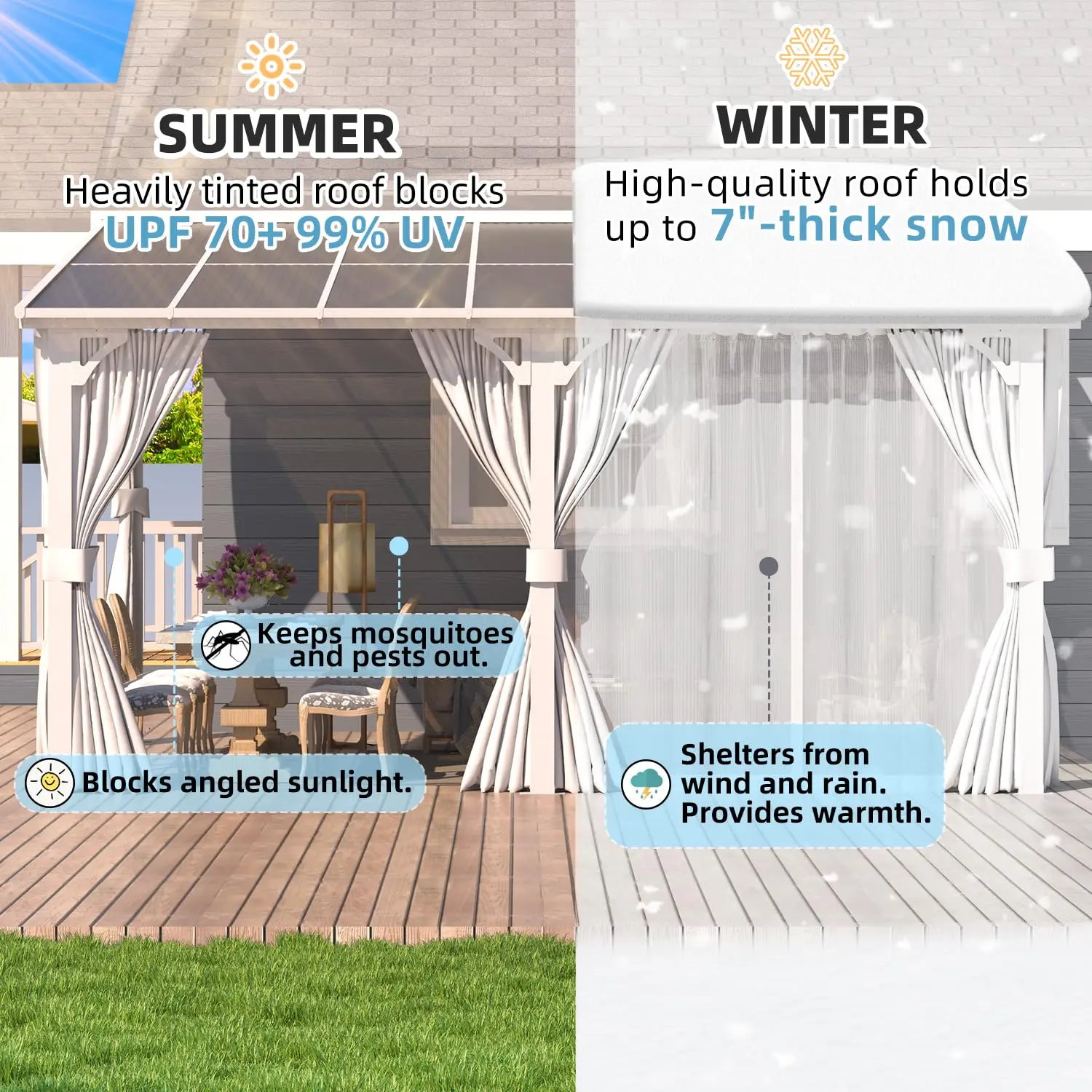 16'x8' Oudtoor Lean to Gazebo Pergola with Curtains and Netting for Patio, 8x16 Hardtop Pergolas and Grill Gazebos Clearance