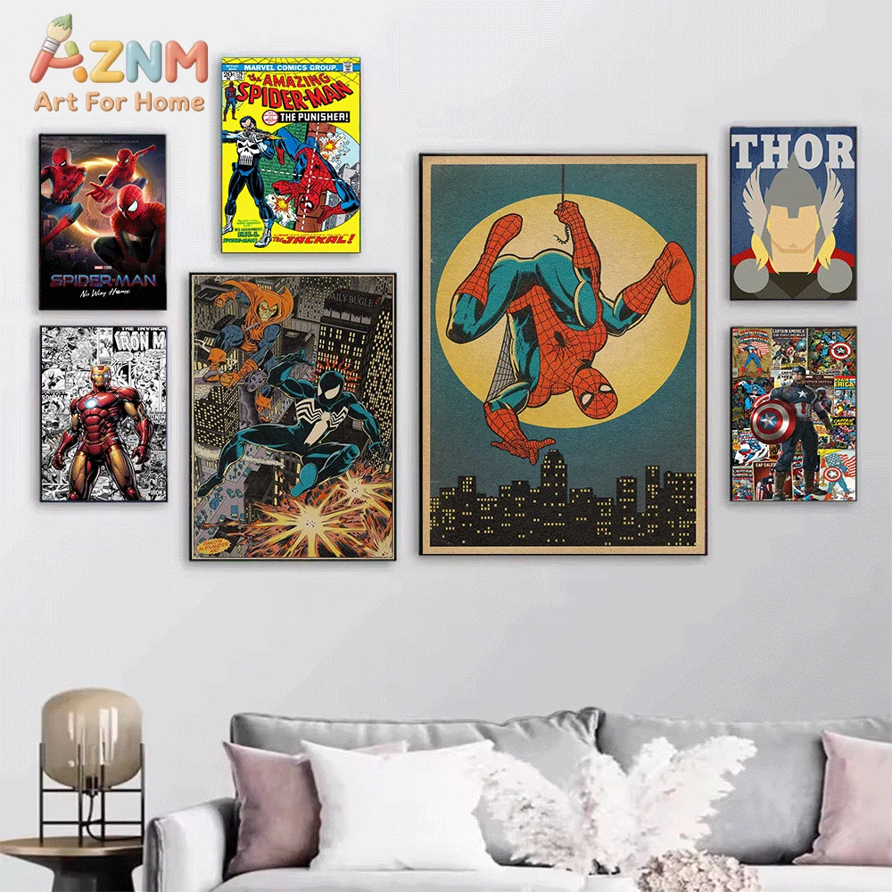 AZNM Spiderman Jumping Over City Word Cloud Background Canvas Wall Print, Superhero Dynamic Jump City Silhouette Vintage Comic