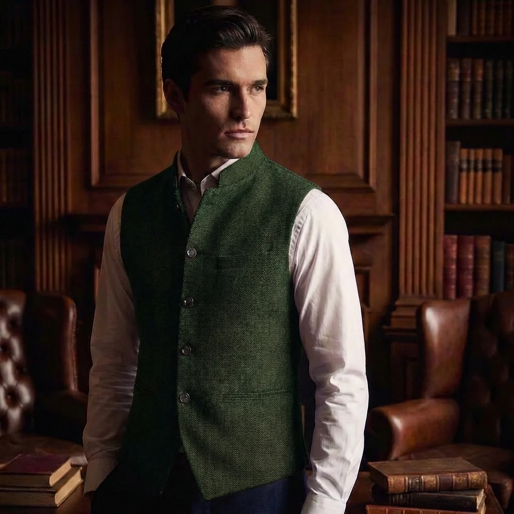 

Мужской костюмный жилет с лацканами, повседневный, с V-образным вырезом, из шерсти, в елочку, для официальных мероприятий, деловой, для жениха на свадьбу, зеленый/черный/коричневый/серый