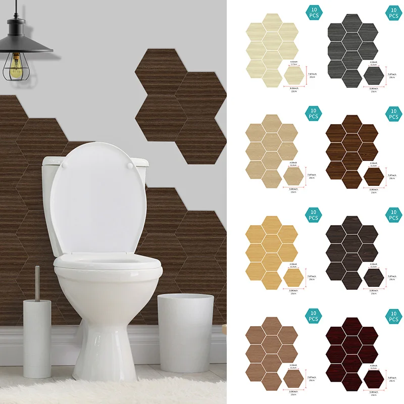 10Pcs Hexagonal Wood Grain Foam Wall Stickers Waterproof Oil-Proof Tile Stickers Garden Home Décor Decals Stickers Vinyl