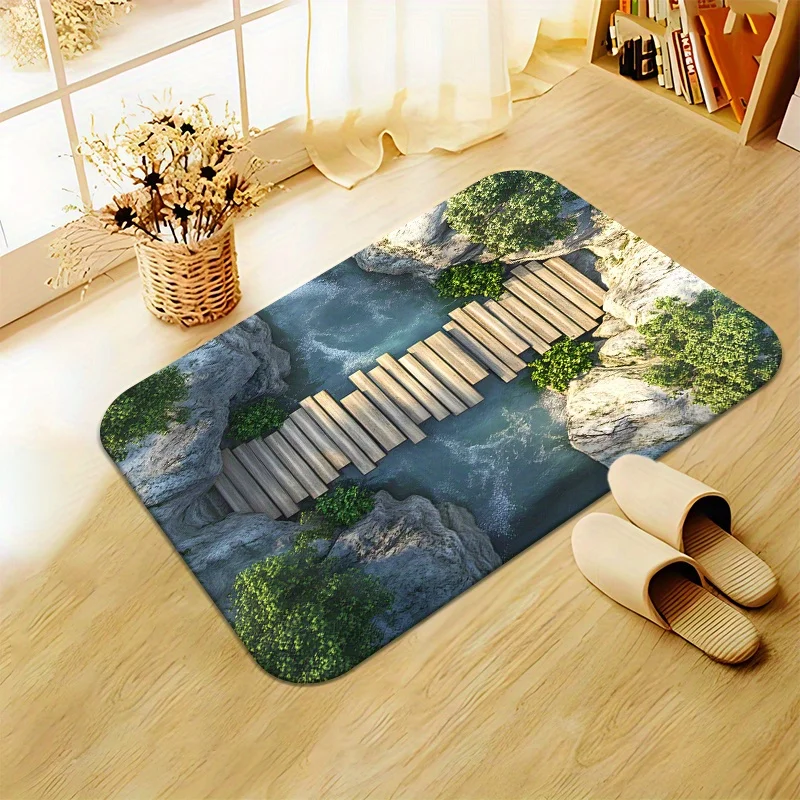 2D Flat Wooden Bridge Over Stream Rocks Greenery Nature Scenery Flannel Bath Mat Non Slip Zen Landscape Rug For Bathroom Floor