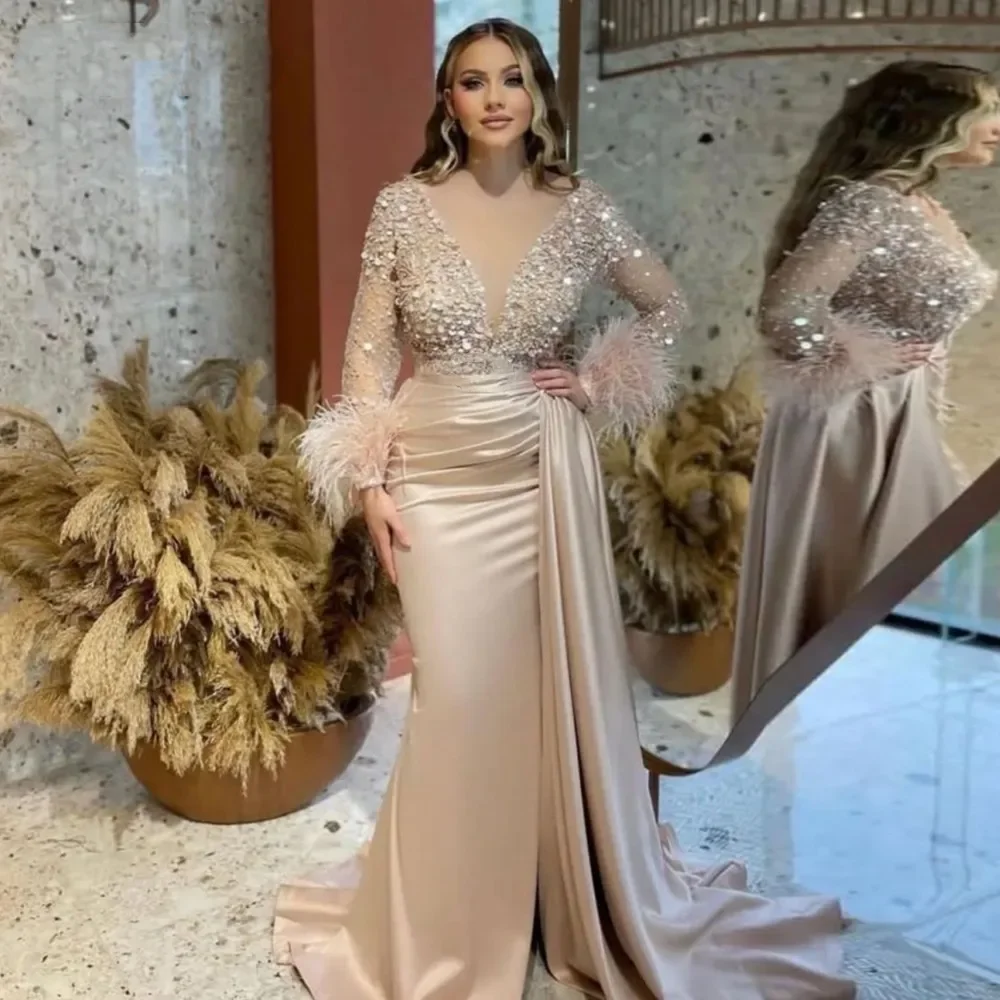 Flavinke-vestidos de graduación color champán personalizados, plumas, mangas largas, satén con cuentas, vestidos de fiesta de noche, bata de novia
