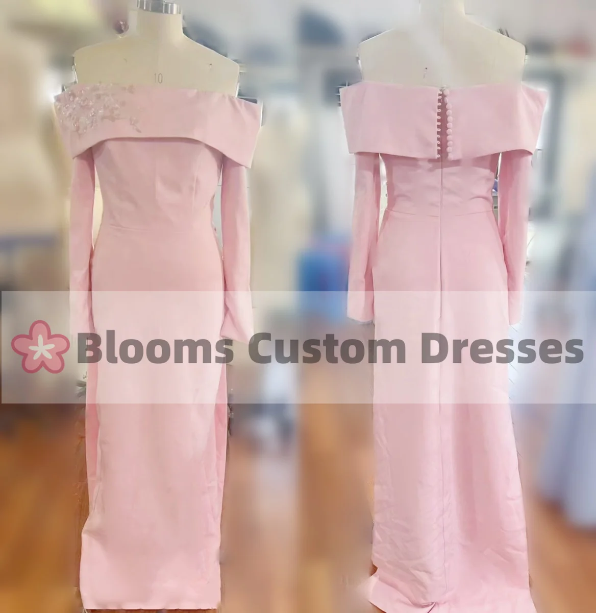 Blooms Pink Crepe Off Shoulder Sequin Appliques Evening Dress Elegant Prom Dress Back Train Buttons Customized Formal Party Gown