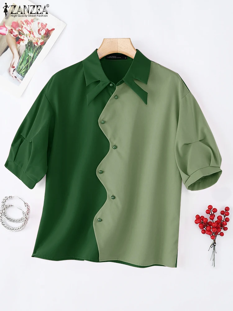 Camicie moda ZANZEA Donna Manica corta Patchwork di colore Tunica Top 2025 Bottoni estivi Collo con risvolto Camicetta casual Abbigliamento coreano