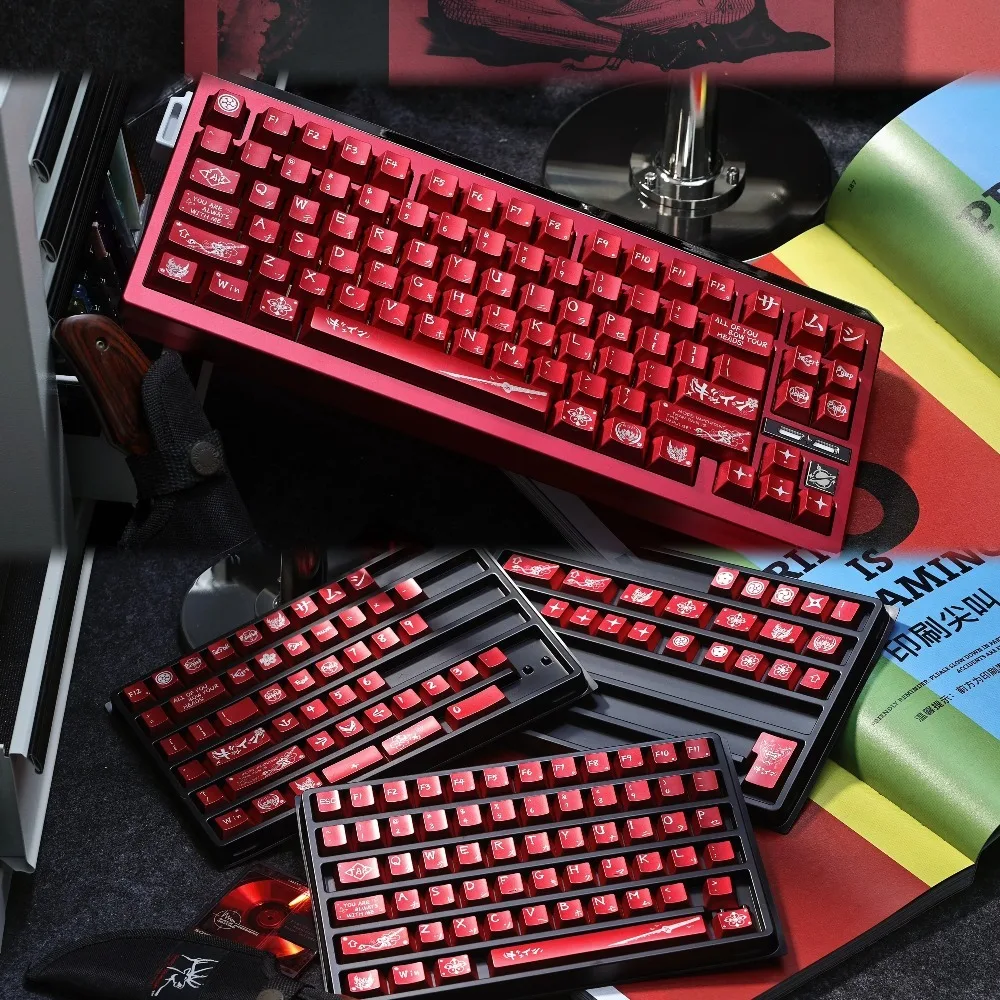 Musashi Keycap Set 134 Key PBT Cherrry Profile White Black Red  Key Caps Mechanical Keyboard Pearl/metallic Paint Artisan Keycap