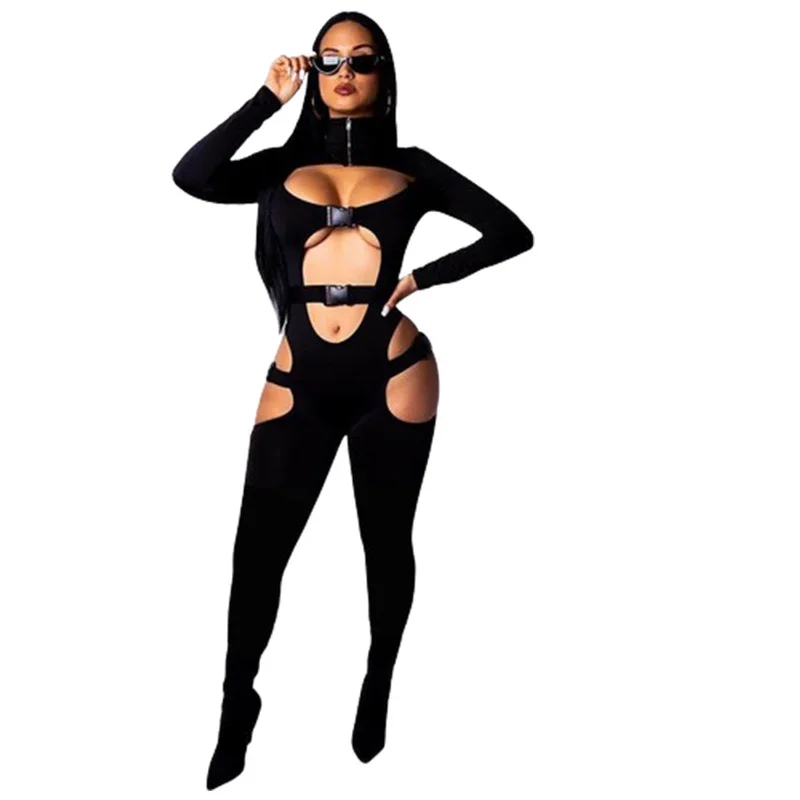 

Women Sexy Jumpsuit Fashion Zipper Turtleneck Hollow Out Belt Buckles Rompers Female Nightclub Party Slim Fit Stretch Playsuits