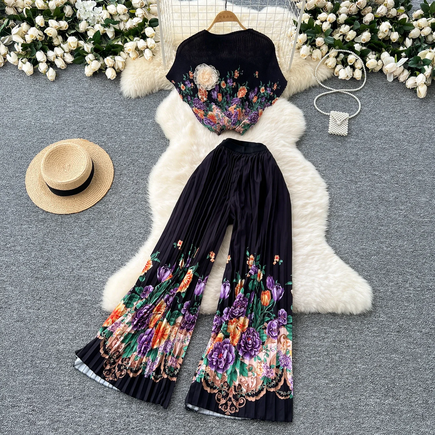 Women Two-Piece Sets Basics Print Pleated Short Sleeve Top and High Waist Loose Wide Leg Pants Korean Fashion Casual Clothing