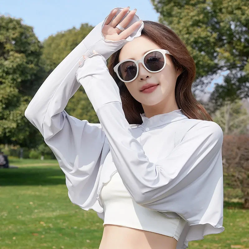 Korean Fashion Single Buckle Lady Thin UV Sun-proof Ice Silk Coat Woman Solid Color Outdoor Breathable Top Women