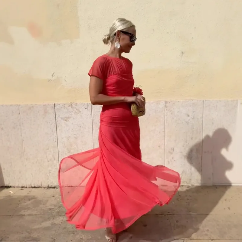 Summer Sexy Women Mesh Sheer Ruched Bodycon Evening Dress Elegant Corset Short Sleeve Flowy Guest Mermaid Cocktail Long Dress