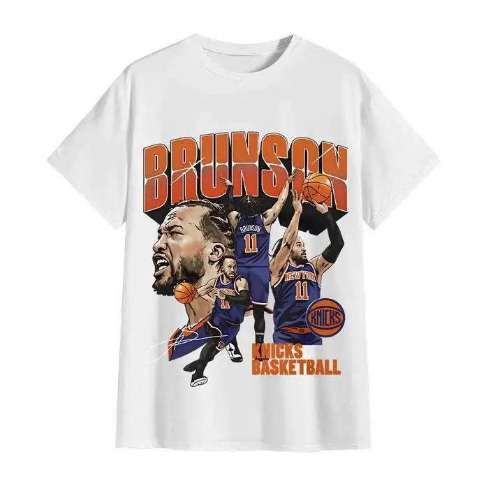 Vintage Acid Washed Blue Unisex Oversized T‑Shirt Jalen Brunson Multi‑Action Collage Portrait Signature Graphic Perfect For Knicks Watch Parties Game Day Fan Gatherings Casual Street Outfit For Basketball Supporters Men Women