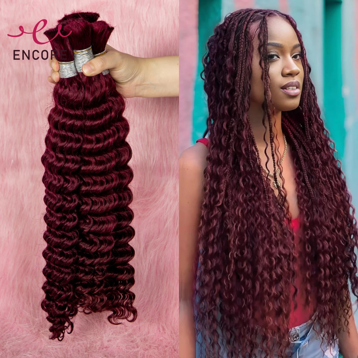 Burgundy 28 Inches Human Hair Bulk Deep Wave Human Hair Bulk for Boho Braided Extensions No Weft Human Hair Bundles for Braiding