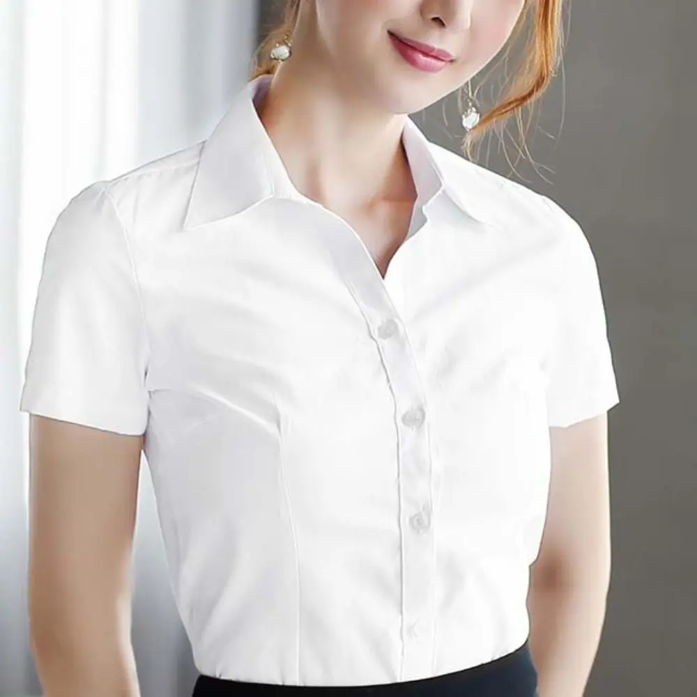 Fashion Polo Collar Short Sleeved Shirt Blouses Slim Fit Simple Vintage Button-up Blouses Solid Basic Business T-shirts Summer