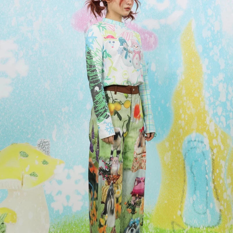 2025 Spring And Summer Women's Trousers Japanese Original Y2K Green Cartoon Cute Printed Elastic Wide-leg Casual Long Pants Girl