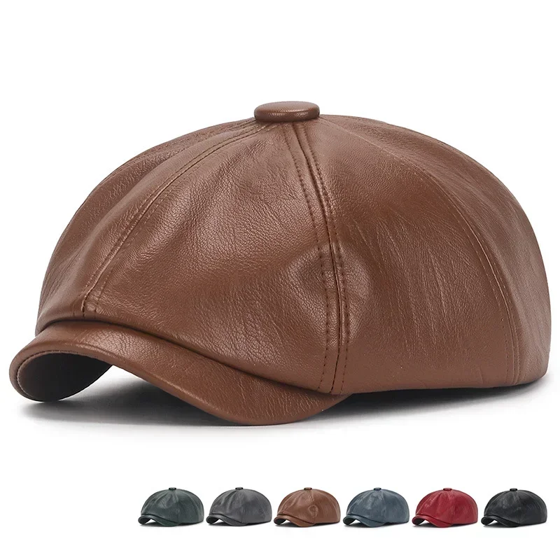 Retro Achthoekige Lederen Hoed Winter Mannen Koeienhuid Lederen Baret Elegante Mode Student Tong Cap Snapback Caps Voor mannen