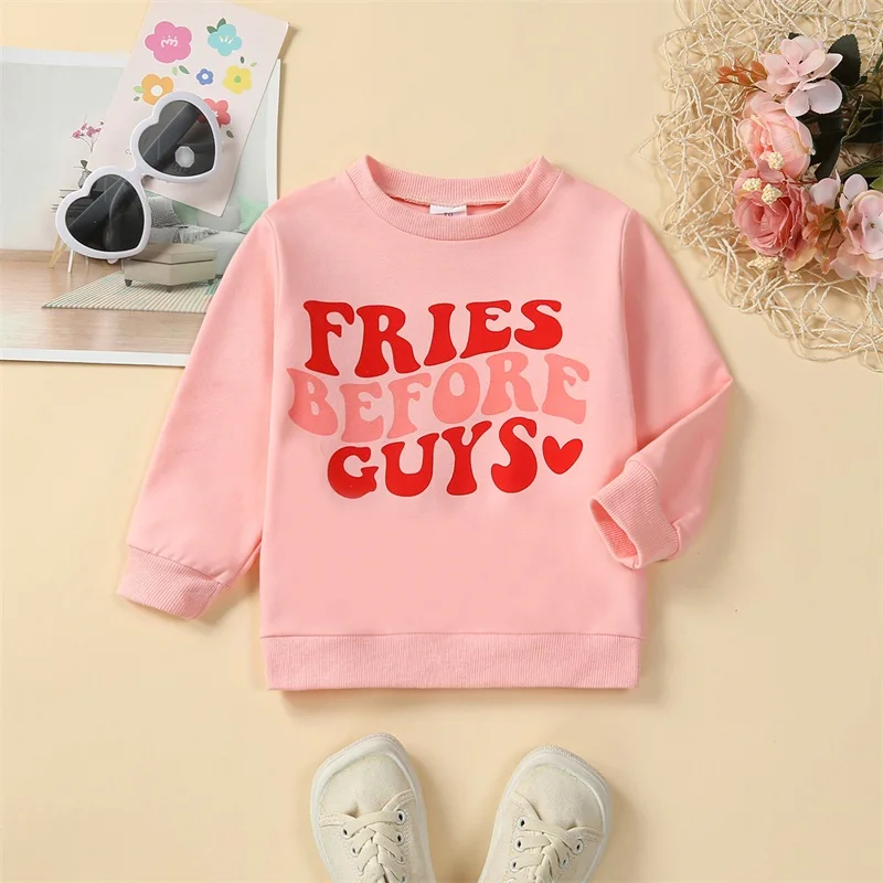 

Kids Toddler Baby Girl Valentines Day Sweatshirt Fries Before Guys Crewneck Long Sleeve Shirts Pullover Top