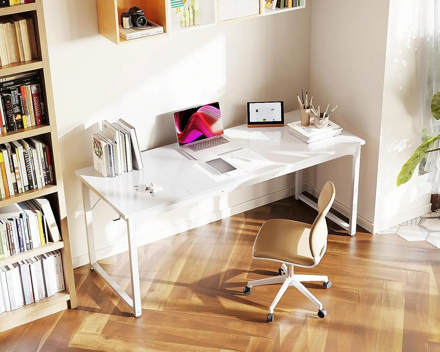 63 Inch Computer Desk For Home Office, Study Writing Table For Small Spaces, Simple Modern Desk With Headpe Hooks, White
