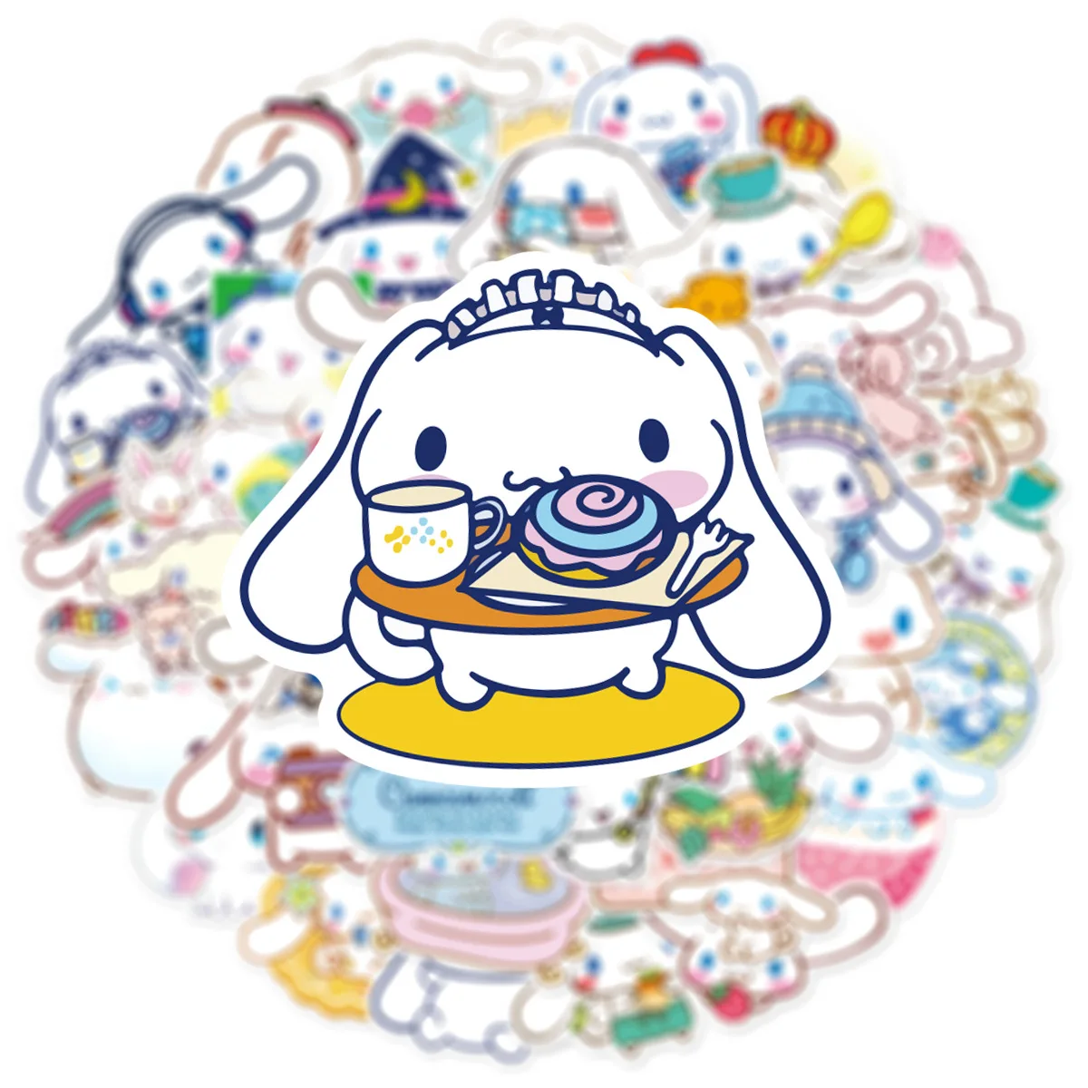 Pegatinas de dibujos animados de Anime Cinnamoroll, calcomanías decorativas para teléfono, equipaje, nevera, coche, monopatín, Kawaii, Sanrio, 10/50