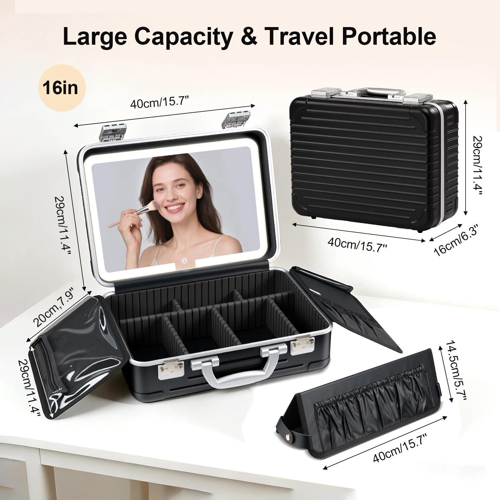 Large Capacity Multi-Functional Travel Portable Make up Organizer Storage Box Case Detachable Led Makeup Bag With Light Mirror
