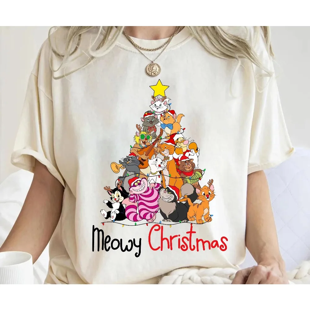 女性ディズニーアリストキャッツクリスマス Tシャツクリスマスパーティー Tシャツベリーメリークリスマスシャツオーバーサイズ快適なソフト Tシャツ