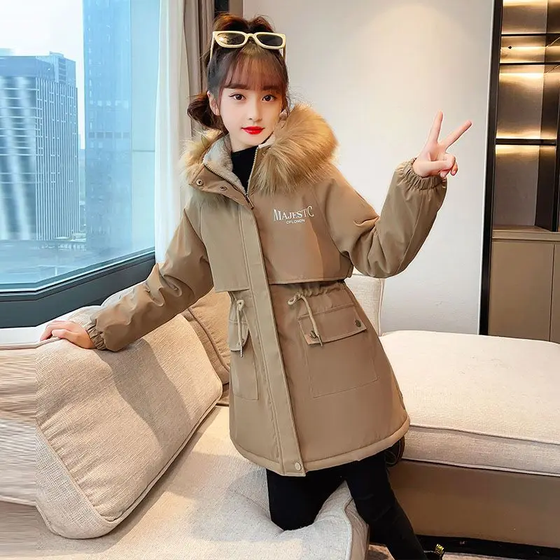 New Winter Down Cotton Jacket Girls Glossy Fur Collar Hooded Coat Children Outerwear Clothing Teenage 5-14Y Kids Parka Snowsuit