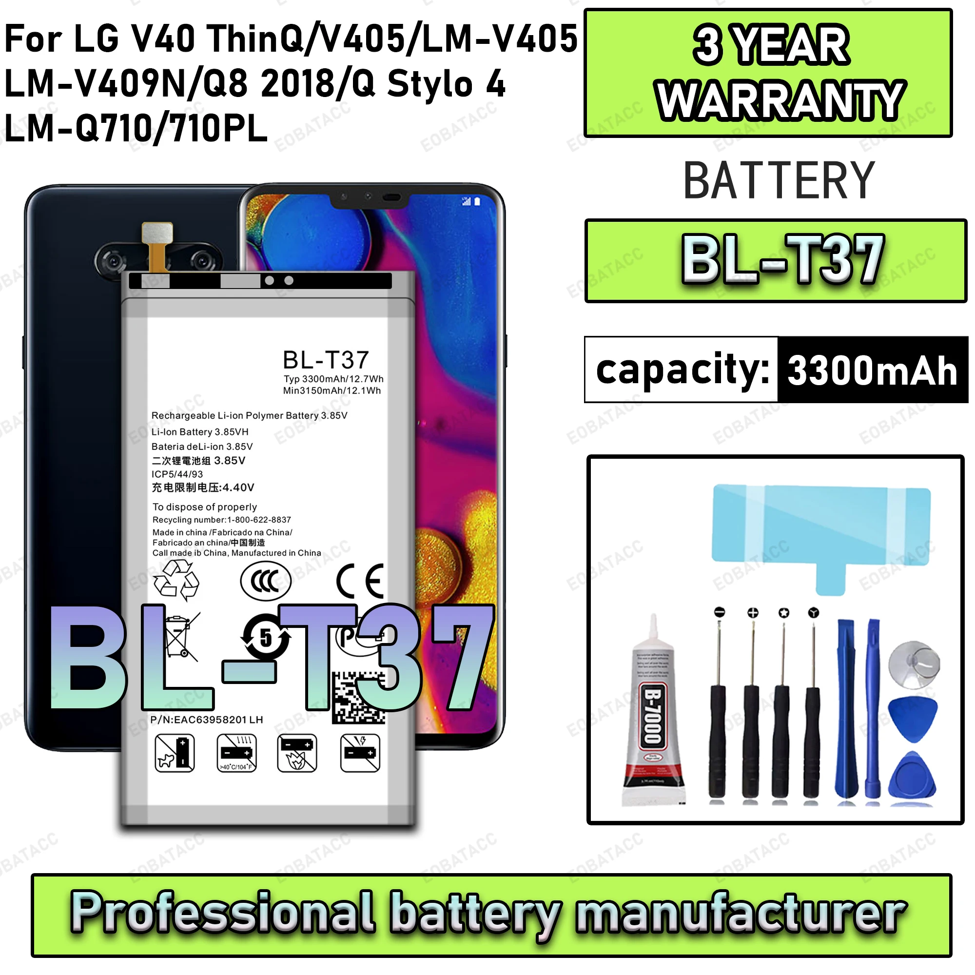 

100% New Zero Cycle BL-T37 Battery For LG V40 ThinQ/LM-V405/LV-V409N/Q8 2018/Q Stylo 4/lm-Q710 Replacement Bateria +Free Tools