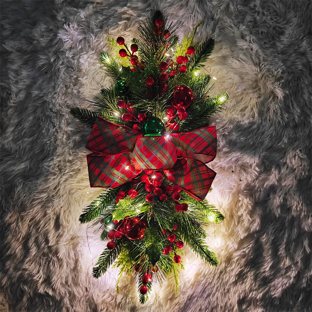 60x30cm Christmas Decor Stair Wreath with Light String Xams Simulation Garland Gleamy Door Swag Garland for Christmas Party 2023