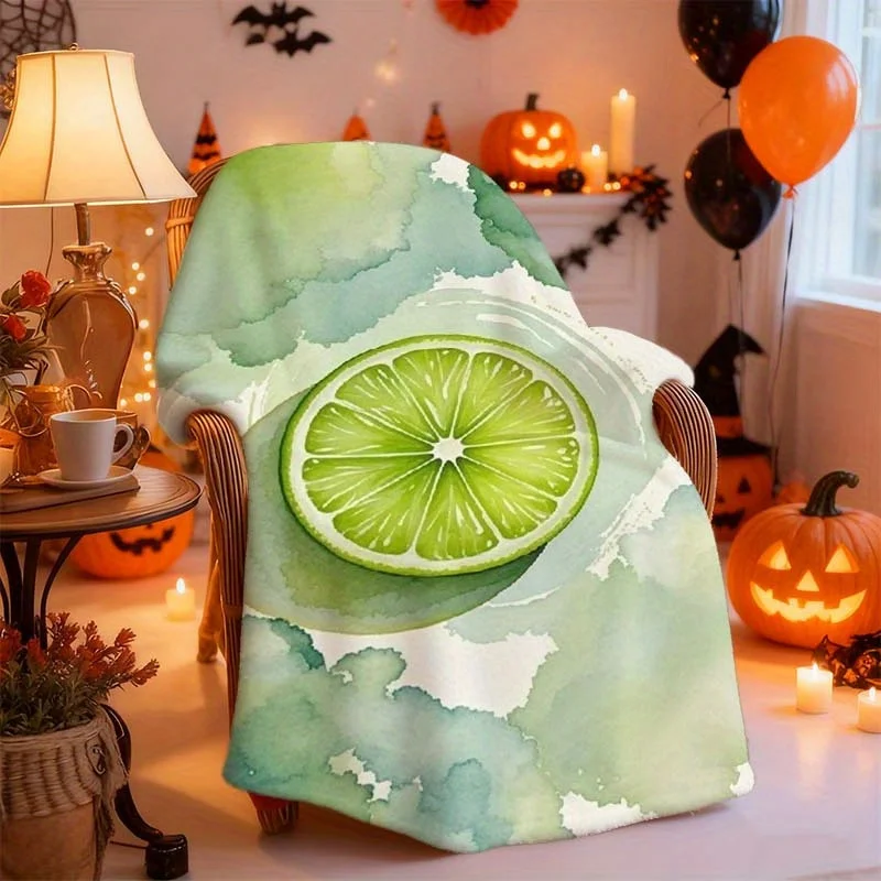 1pc Lime Watercolor Lime Slice Plush Blanket - Green & Mint Lime Peel Design, All-Season Soft Bedspread, Couch Throw, Wrinkle