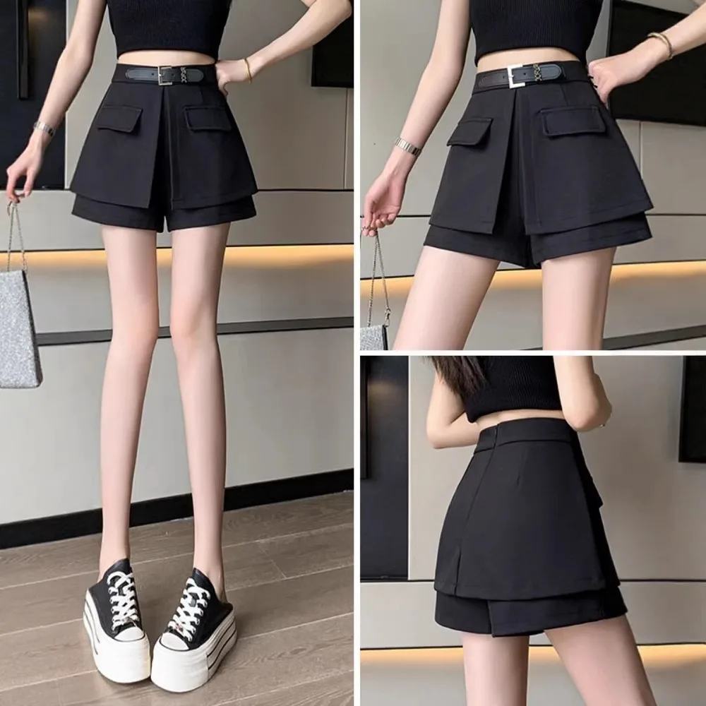 Suit Shorts, Women's Summer Half-Length Skirt, Early Spring Outerwear, Two Pieces of Fake A-Line Fashionable Black Pants Skirt