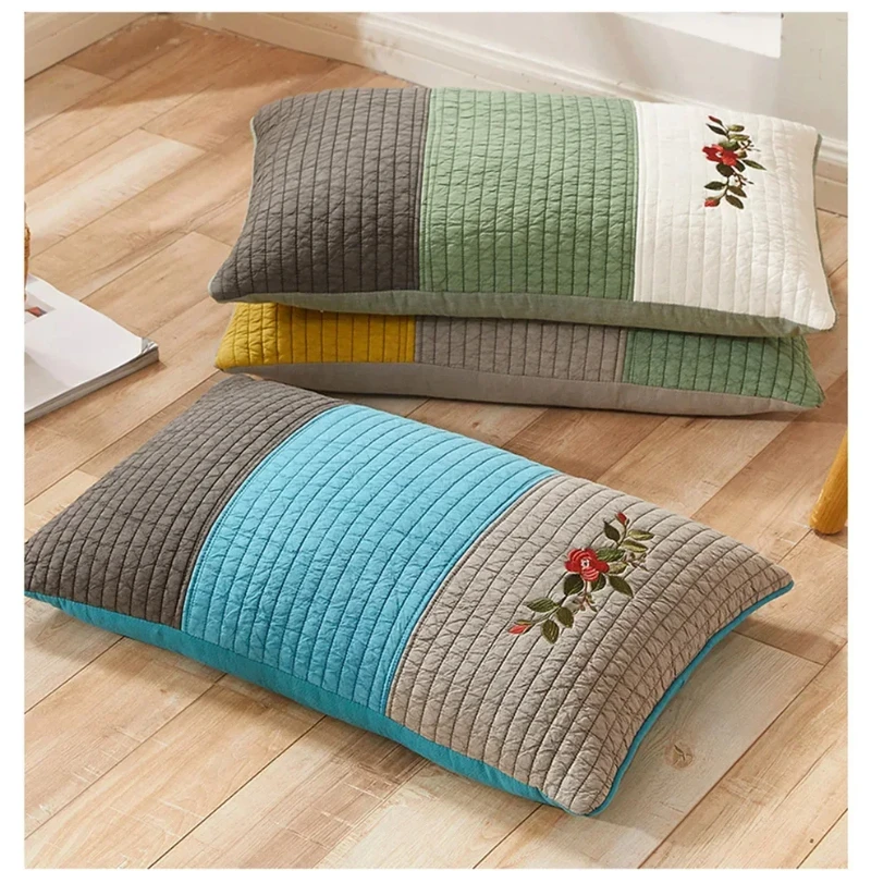 Korean Style Buckwheat Pillow Adult Enlarged Hard Core Sand Washed Cotton Neck Pillow Single-sided Embroidered Square