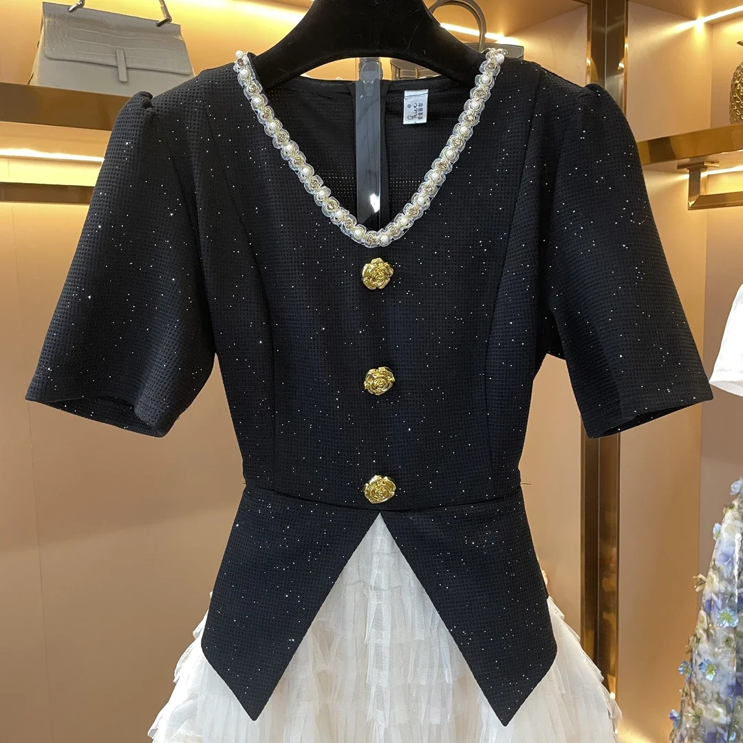 Nova bela malha em camadas saia retalhos vestido flor dourada único breasted chique com decote em v elegante vestido de festa francês jovens