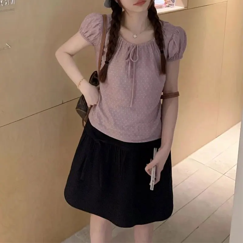 

Fashion Drawstring Bow Purple Polka Dot Shirts Female Clothing O-Neck Short Sleeve Summer Basic Gentle Puff Sleeve Loose Blouse