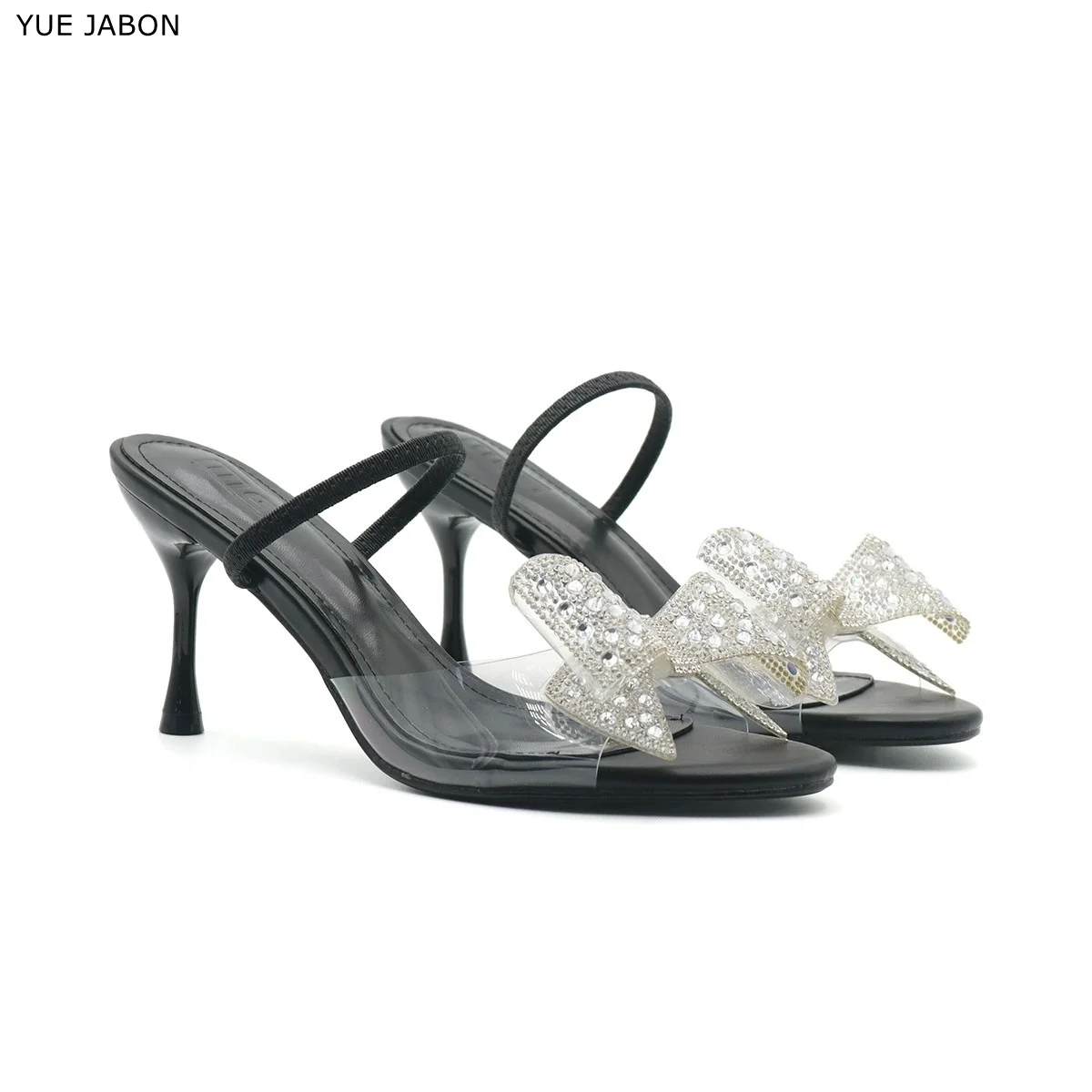 

Luxury Glitter Rhinestone Bow Black High Heeled Sandals Women Summer Peep Toe Back Strap High Heels Elegant Party Wedding Shoes