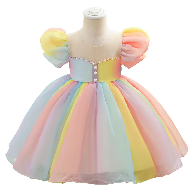 Multi-color Rainbow Gradient Tulle Birthday Dress for Toddler Girls White Carnival Pageant Evening Party Princess Gown for 1-10Y