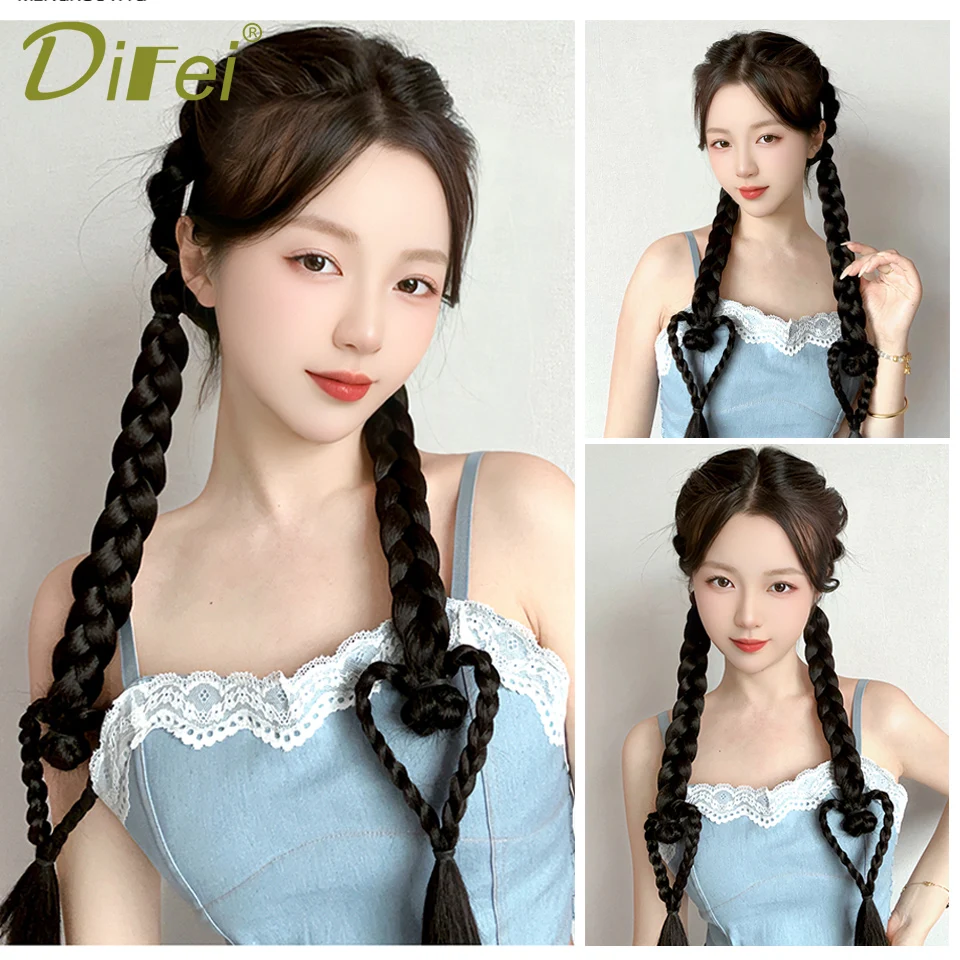 DIFEI 2pc Love Braid Synthetic Wig Ponytail Children Love Braided Hair Girl Playful Boxing Braid Double Ponytail Wig