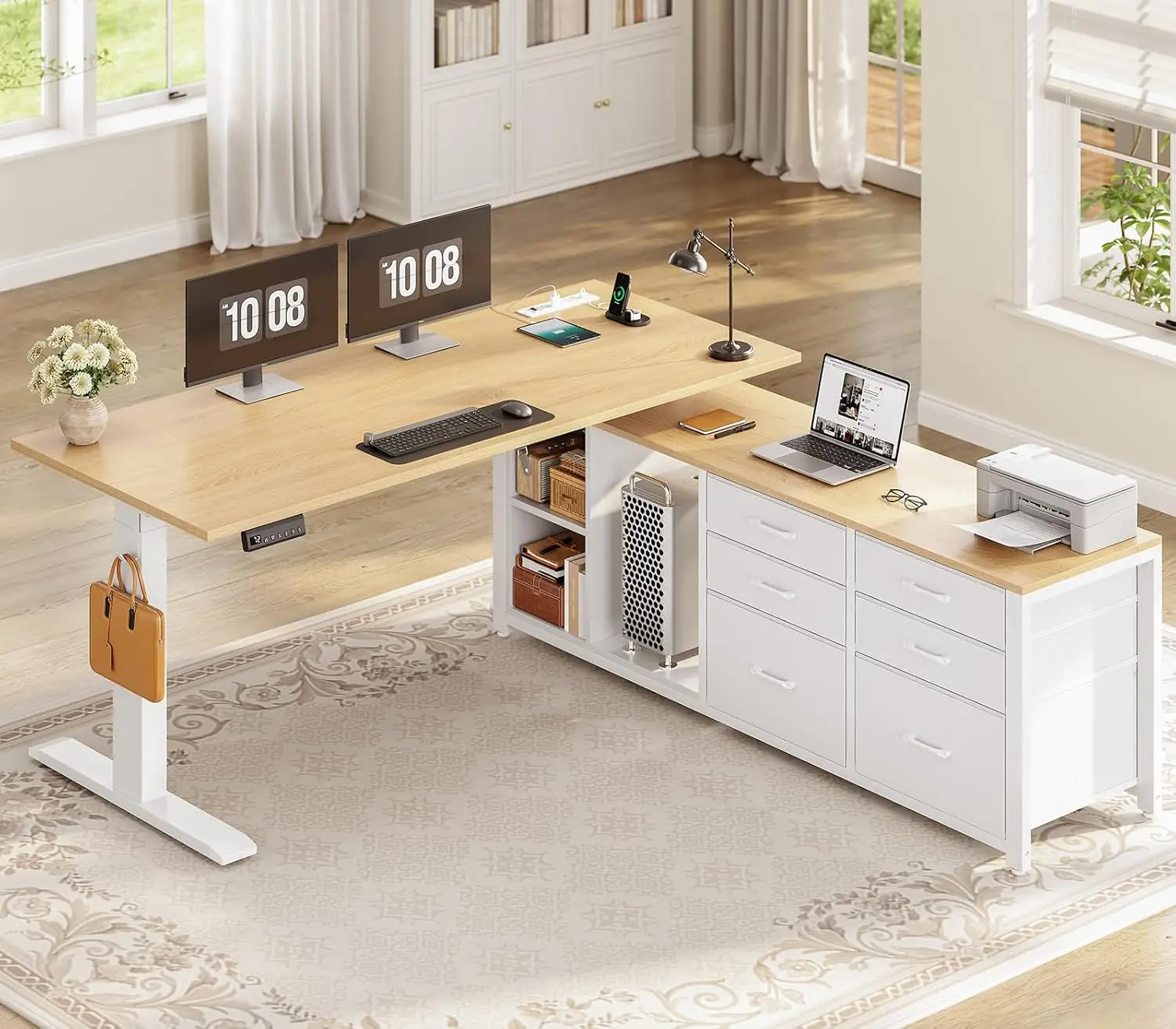 

L Shaped Electric Standing Desk, 55" x 55" Height Adjustable Office Executive Desk with 6 Fabric Drawers, Customized