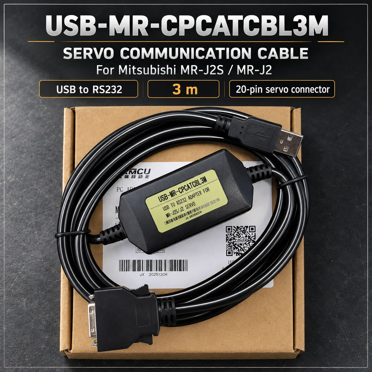 Tuning Communication Cable USB-MR-CPCATCBL3M for Mitsubishi MR-J2 MR-J2S Servo Drive, 3M RS232, Backup Data Transfer Cord