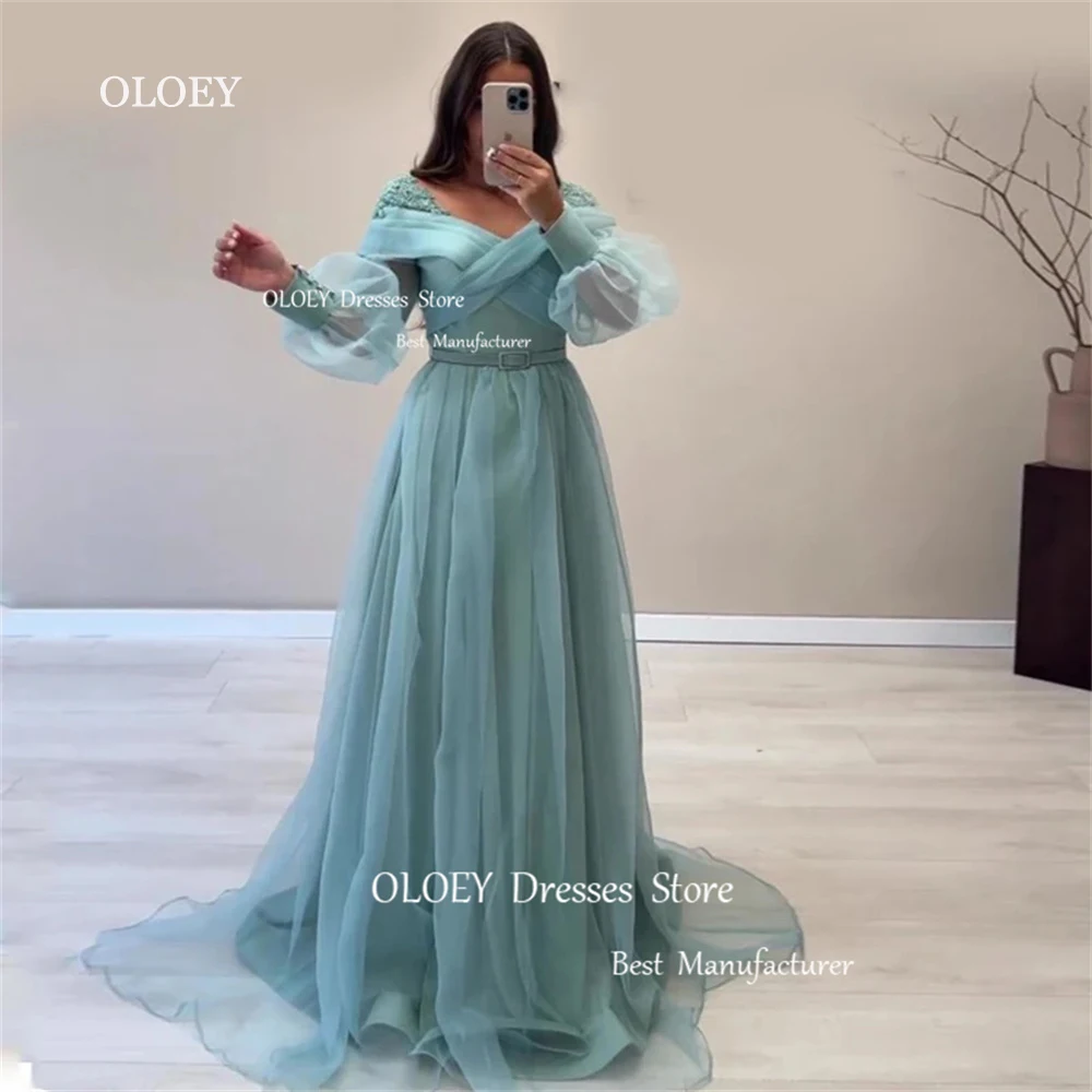 

OLOEY Mint Green Evening Dresses A Line Floor Length Satin With Tulle Party Gowns Appliques Long Sleeves Formal Occasion Dress