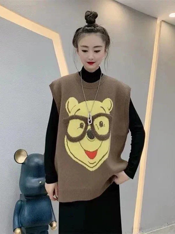 Fashion All-Match Loose Oversized Women\'s Closing Cartoon Bear Knitted Vest Female 2022 Spring and Autumn New V-neck Vest Top