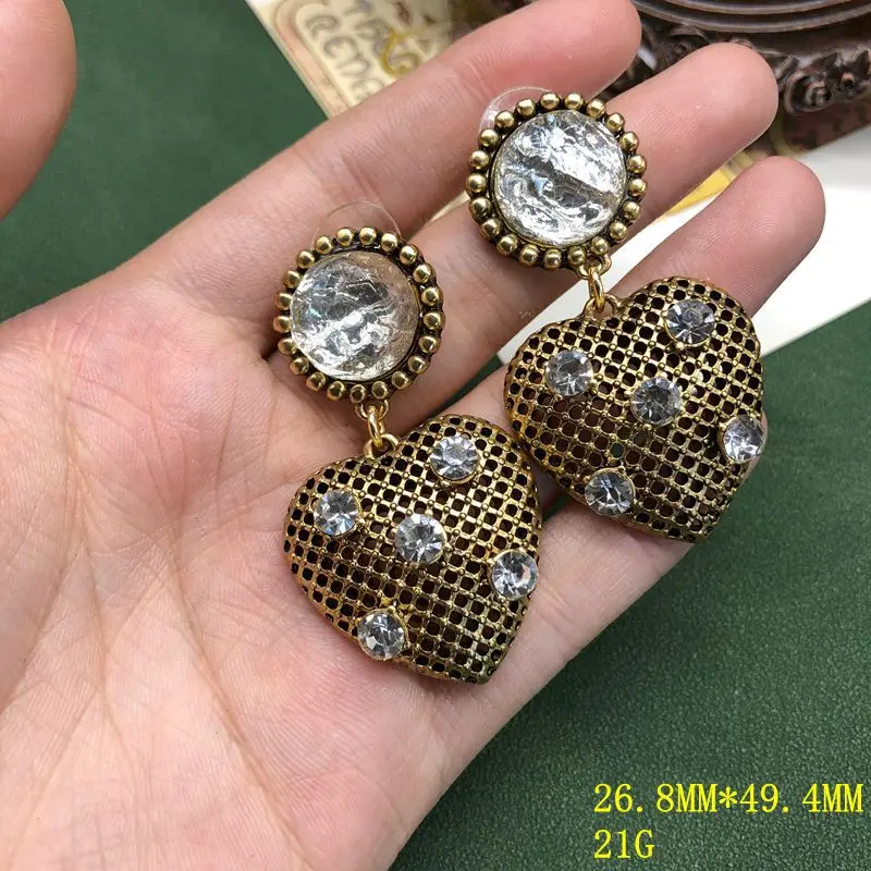 retro earrings alloy inlaid  diamonds, heart earring hollow metal exquisite ear stud  versatile