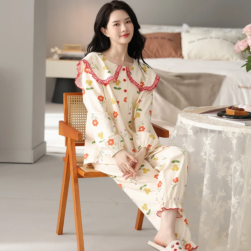 Floral Pajamas For Young Girls Spring Modal Sleepwear Princess Lace O-Neck Long Sleeve Pyjamas Female Autumn Home Suit XXXXL