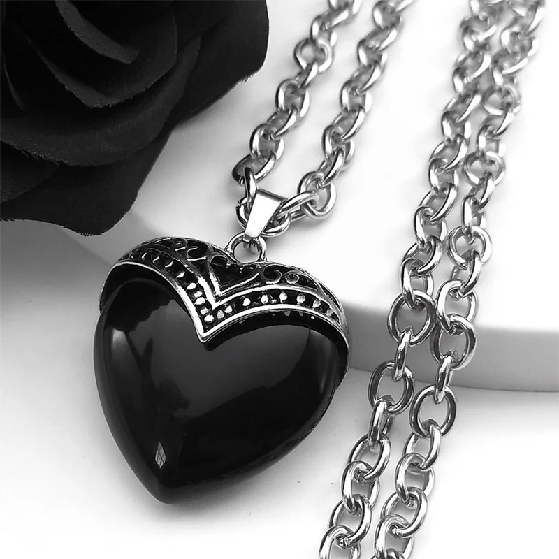 Schwarz Pfirsich Herz Goth Stein Halskette Frauen Männer Edelstahl Silber Farbe Egirl Kette Aussage Halsketten Schmuck NZZZ367-2 – Detail 4