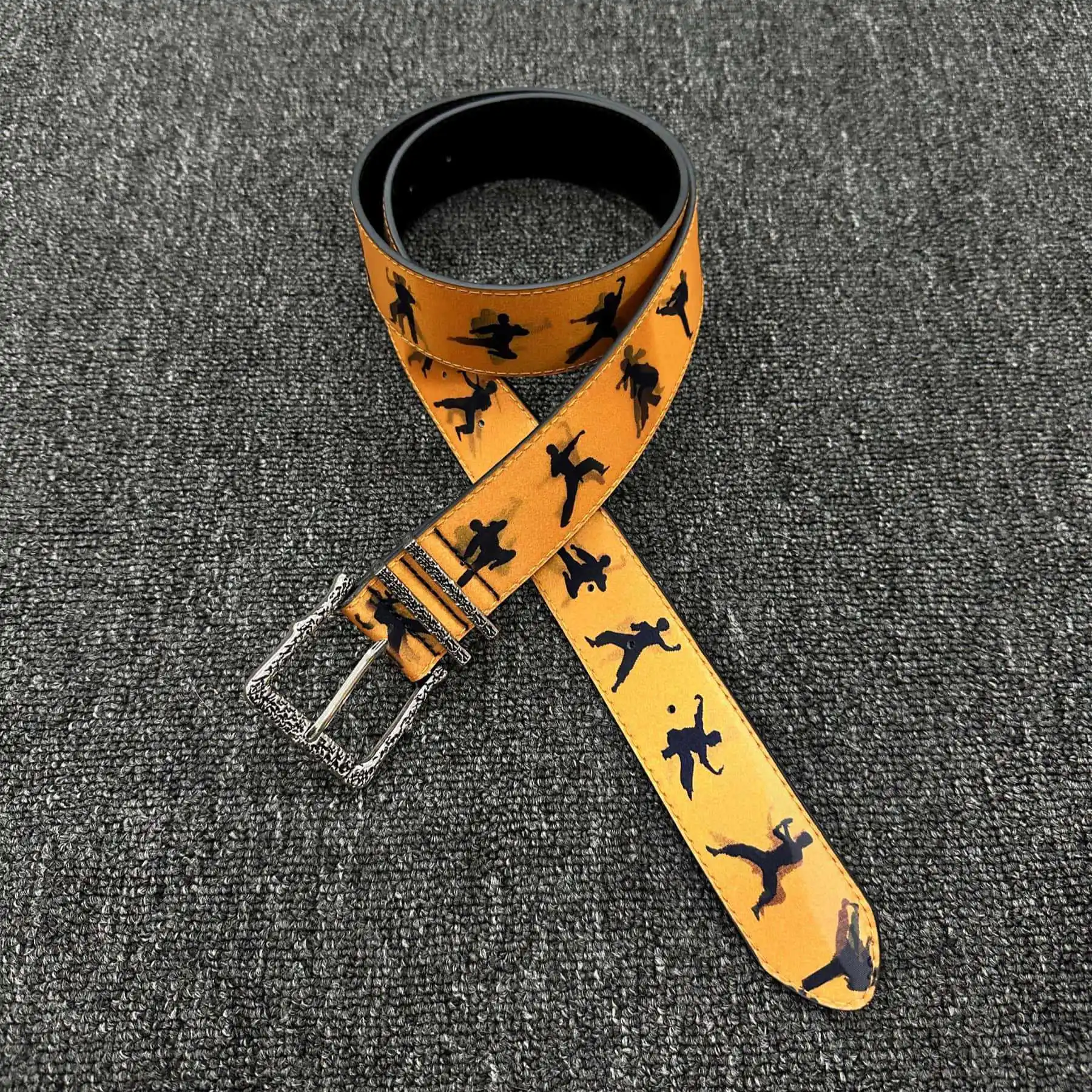 Retro Sunset Yellow Waist Belt with Black Martial Arts Figure Print and Silver Square Pin Buckle Vintage Streetwear Waistband
