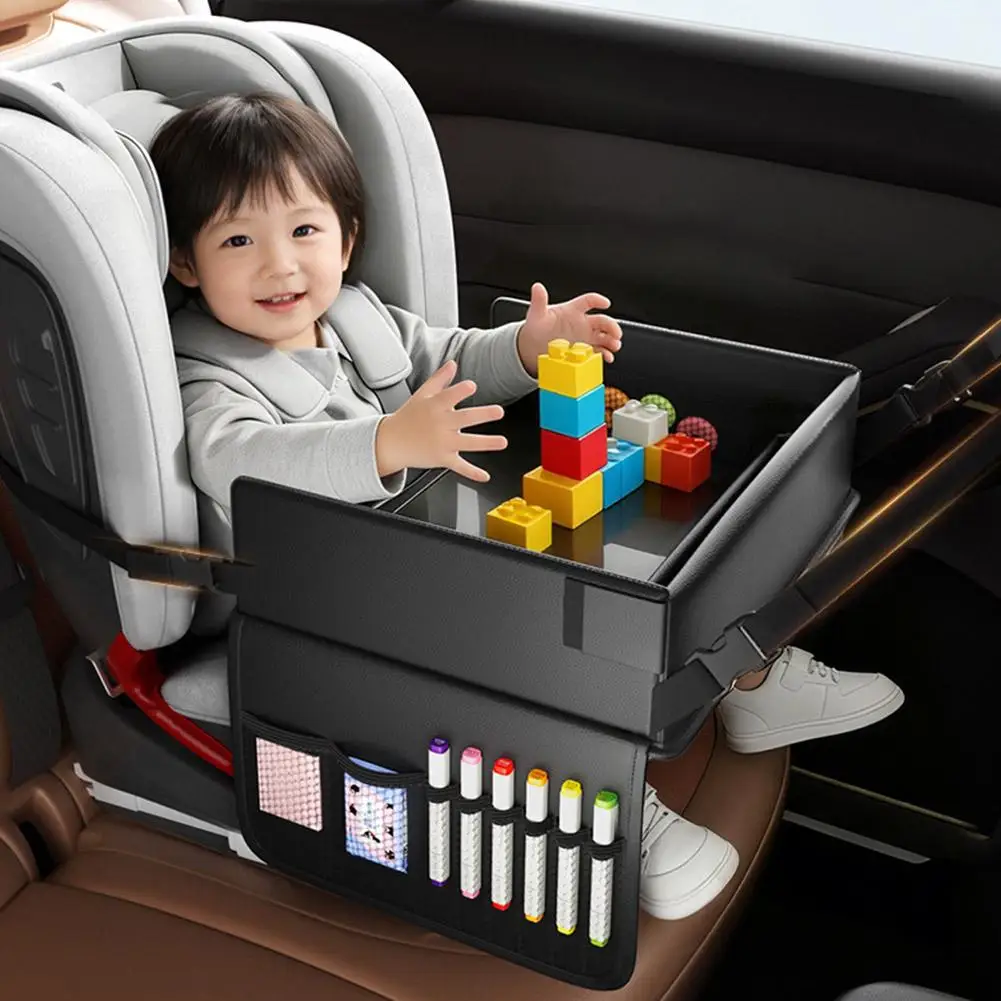 Baby Car Seat Tray Oxford Cloth Leather Waterproof Snack Play Tray Adjustable Fixing Strap Side Mesh Storage Pocket