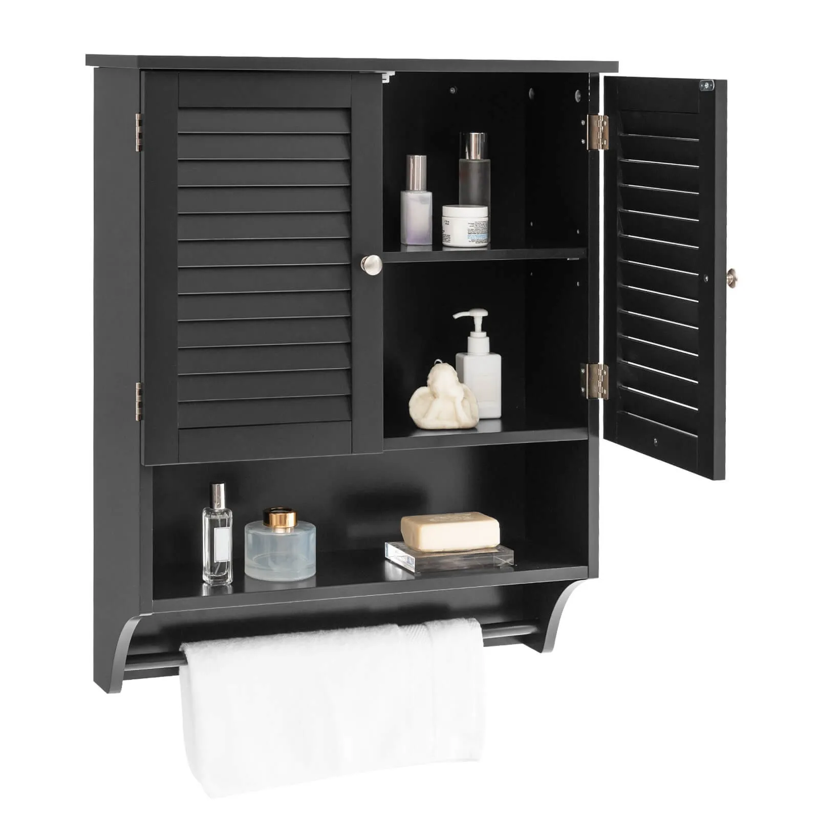 

Bathroom Wall Mounted Medicine Cabinet w/ Louvered Doors & Towel Bar Black