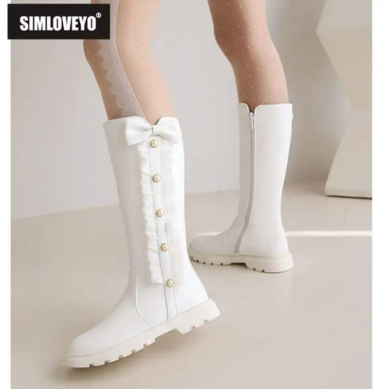 

SIMLOVEYO новые брендовые женские сапоги до середины икры с круглым носком на плоском каблуке и узлом-бабочкой, маленькие размеры 31–32 с боковой застежкой, осень-зима