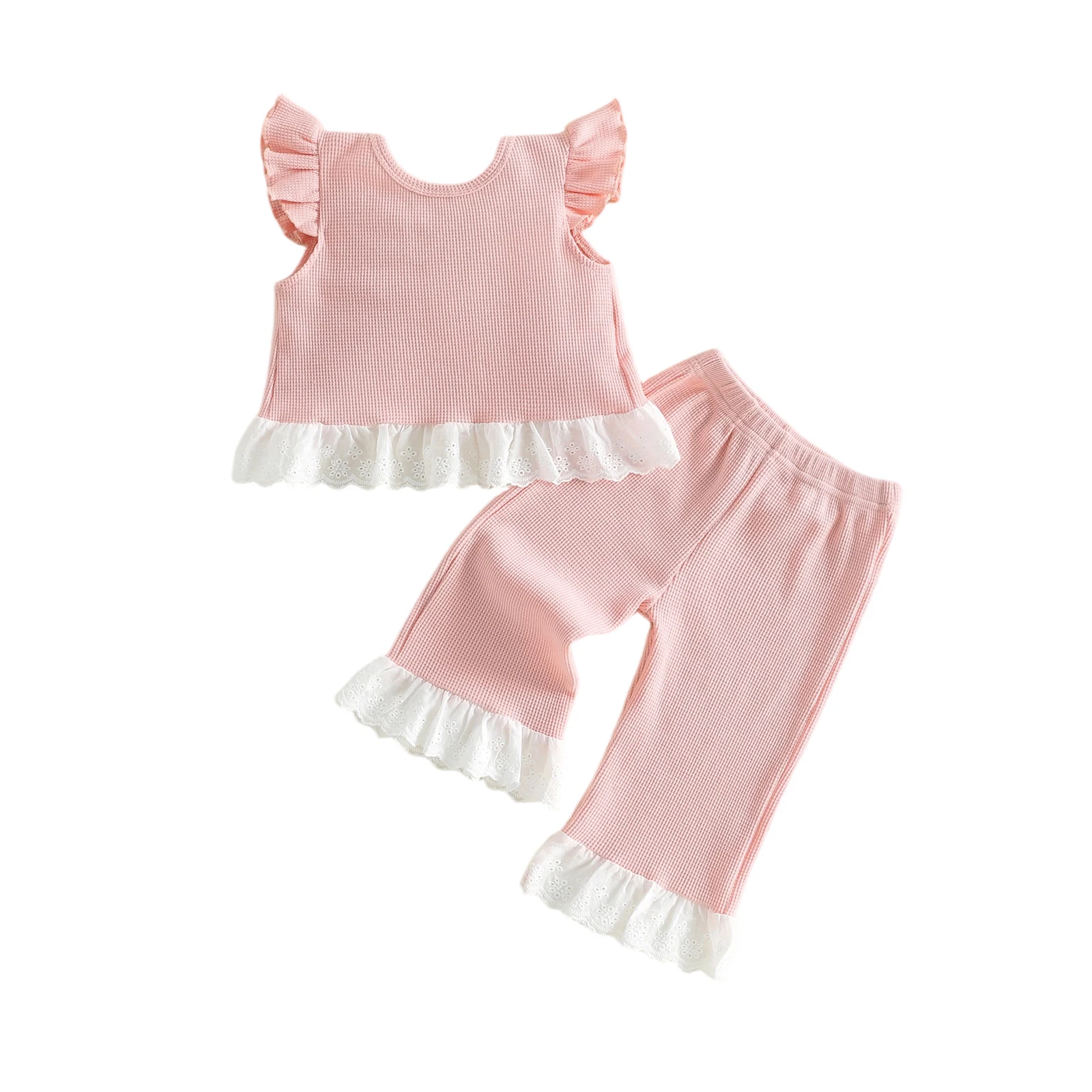 Toddler Girls Summer Waffled Outfit Embroidery Lace Hem Flying Sleeve Crew Neck Tops Elastic Waist Pants 2 Pcs Set