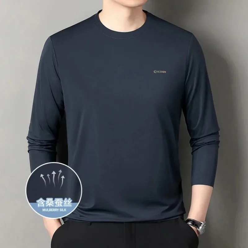 High End Mulberry Silk T-shirts Premium Men Anti Wrinkle Seamless Elastic Tee Tops Breathable High End Man Ice Cool Feel T-shirt