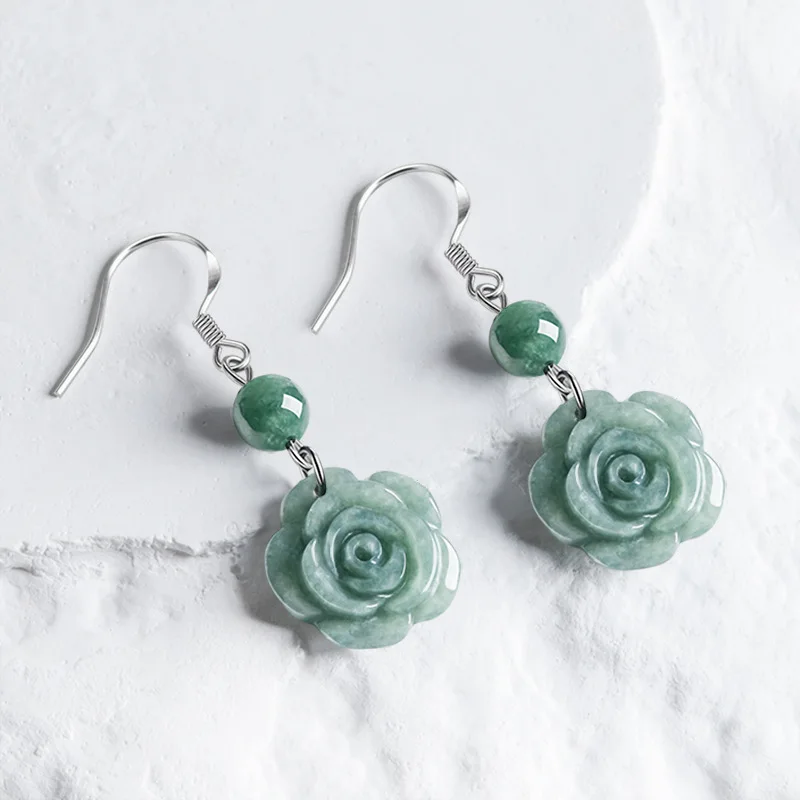 Boucles d'oreilles en jadéite verte du Myanmar, Rose, fleur sculptée, pierres précieuses, cadeaux Vintage pour femmes, argent 925, émeraude, Jade birman naturel